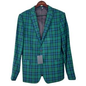 New ASOS Green Blue Tartan Plaid Mens Sz 40 Regular Blazer Jacket Sport Coat Hng